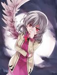  bow bowtie brown_jacket covering_mouth dress feathered_wings grey_hair grey_wings hand_over_own_mouth jacket kishin_sagume looking_at_viewer nakukoroni open_clothes open_jacket purple_dress red_eyes single_wing solo touhou wings 