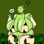  4chan ? anonymoo anonymous bald big_breasts bikini blush bovine breasts cattle cleavage clothed clothing cowbell digital_media_(artwork) english_text eyeless female green_background green_skin hi_res horn huge_breasts human mammal open_mouth overweight simple_background sleeves standing suit swimsuit tall text tight_clothing unknown_artist 