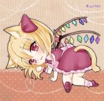  :3 all_fours animal_ears blonde_hair bow cat_ears cat_tail chibi eyebrows eyebrows_visible_through_hair flandre_scarlet frilled_skirt frills full_body hair_bow ichinose_aki kemonomimi_mode looking_back lowres orange_background paw_pose pink_legwear puffy_short_sleeves puffy_sleeves red_bow red_eyes red_footwear red_skirt red_vest shoes short_sleeves single_wrist_cuff skirt smile solo tail touhou twitter_username vest white_bow wings 