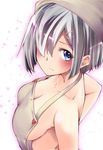  apron blue_eyes blush breasts cleavage collarbone hair_ornament hair_over_one_eye hairclip hamakaze_(kantai_collection) head_scarf highres kantai_collection large_breasts naked_apron short_hair silver_hair simple_background solo takara_akihito 