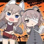  alternate_costume animal_ears bandaged_arm bandages belt blue_eyes brown_eyes brown_hair chestnut_mouth chintai_(mansyontintai) clenched_hands commentary_request eyebrows eyebrows_visible_through_hair fake_animal_ears fake_tail girls_und_panzer hair_ribbon halloween halloween_costume happy_halloween itsumi_erika long_hair looking_at_viewer midriff military military_uniform multiple_girls open_mouth ribbon scar shimada_arisu tail uniform 