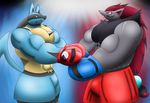  abs biceps big_muscles boxing bulge bulk canine clothing difference gloves huge_muscles lucario male mammal muscleartguy muscular nintendo pecs pok&eacute;mon size sport video_games zoroark 
