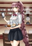  alternate_costume black_skirt blouse blush bread breasts cafe chair commentary_request cup employee_uniform eyebrows eyebrows_visible_through_hair food green_eyes hair_flaps hair_ribbon holding holding_tray kantai_collection long_hair looking_at_viewer mayura2002 medium_breasts neck_ribbon pink_hair ponytail restaurant ribbon short_sleeves skirt solo tray uniform very_long_hair white_blouse yura_(kantai_collection) 