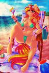  2016 absurd_res anthro anthrofied ball beach beach_ball bikini blush breasts chair chest_tuft clothing cloud cooler digital_media_(artwork) dimwitdog dock equestria_girls equine eyewear female hair hi_res holding_object hooves horn long_hair lotion lounge_chair mammal multicolored_hair my_little_pony patreon seaside smile solo straw sunset_shimmer_(eg) swimsuit tuft two_tone_hair unicorn water 