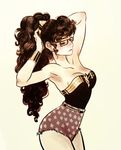  1girl breasts cleavage collarbone curly_hair dc_comics dressing earrings glasses highres jewelry jisoo_kim medium_breasts smile solo star star_earrings star_print superhero tiara wonder_woman wonder_woman_(series) wrist_cuffs 