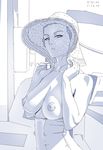  blue breasts corset highres huge_breasts monochrome nipples solo topless urepito_honke 