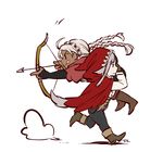  arrow artist_name boots bow_(weapon) braid carrying_over_shoulder dark_skin dl eponine_(fire_emblem_if) fire_emblem fire_emblem_if grey_hair hood multiple_girls pants tail tongue tongue_out twin_braids velour_(fire_emblem_if) weapon white_hair wolf_tail 