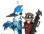  ! 2014 anthro avian bird blue_feathers blue_jay cartoon_network clothed clothing corvid countershading crossover duo feathers frown grin guardians_of_the_galaxy kenket looking_back mammal marvel mordecai_(regular_show) parody raccoon ranged_weapon regular_show rigby_(regular_show) rocket_raccoon simple_background topless weapon white_background white_feathers 