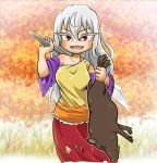  1girl animal autumn_leaves boar chamaji collarbone commentary_request cowboy_shot detached_sleeves diamond_(shape) eyebrows_visible_through_hair frills grass hair_between_eyes hatchet highres holding holding_animal holding_weapon long_hair looking_at_viewer open_mouth oriental_hatchet outdoors over_shoulder red_eyes sakata_nemuno sharp_teeth single_strap skirt solo tail teeth touhou tusks weapon weapon_over_shoulder white_hair x_x 