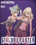  a_nightmare_on_elm_street blonde_hair blue_eyes bra breasts character_name cleavage copyright_name cosplay darjeeling frankenstein frankenstein's_monster frankenstein's_monster_(cosplay) freddy_krueger freddy_krueger_(cosplay) girls_und_panzer groin hat jacket_over_shoulder kay_(girls_und_panzer) large_breasts medium_breasts multiple_girls navel pants purple_background scar single_thighhigh soramame_(corndog) thighhighs torn_clothes underwear 