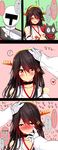  1boy 1girl 3koma :d ^_^ absurdres animal bangs bare_shoulders black_hair blush cat choker closed_eyes collarbone comic commentary_request crossover detached_sleeves embarrassed gloves hair_ornament hairband hairclip haruna_(kantai_collection) headgear heart heart_choker highres kantai_collection long_hair looking_at_viewer looking_away nichijou nontraditional_miko nose_blush open_mouth orange_eyes petting sakamoto_(nichijou) sidelocks smile spoken_heart sweat swept_bangs t-head_admiral translated tsukui_kachou white_gloves 