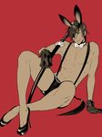  abs animal_ears arm_support black_gloves black_hair bow bowtie bunny_boy bunny_ears detached_collar eyepatch gloves high_heels holding holding_sword holding_weapon male_focus saida_nika shirtless shokudaikiri_mitsutada simple_background sitting solo suspenders sword tassel touken_ranbu weapon wrist_cuffs yellow_eyes 