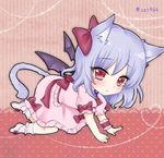  all_fours animal_ears ascot bat_wings blue_hair bow brooch cat_ears cat_tail chibi eyebrows eyebrows_visible_through_hair full_body hair_bow heart heart_of_string ichinose_aki jewelry kemonomimi_mode looking_at_viewer lowres pink_background pink_footwear pink_shirt pink_skirt puffy_short_sleeves puffy_sleeves red_bow red_eyes remilia_scarlet shirt shoes short_hair short_sleeves single_wrist_cuff skirt solo tail touhou twitter_username wings 