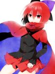  backlighting black_blouse blouse bow cape cowboy_shot hair_bow long_sleeves looking_at_viewer miniskirt nakukoroni pleated_skirt red_cape red_eyes red_hair red_skirt sekibanki short_hair simple_background skirt solo touhou 