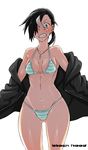  ass_visible_through_thighs bikini black_hair black_hood blue_eyes breasts cameltoe character_name cleavage clenched_teeth ear_piercing hair_over_one_eye highres kamezaemon looking_at_viewer navel original piercing small_breasts solo striped striped_bikini swimsuit teeth white_hair 
