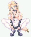  2016 4_fingers anthro bangs begging begging_pose black_nose black_pawpads blonde_hair blue_eyes breasts canine cheek_tuft chest_tuft clothing collar crouching dog female footwear fur hair harness kemono leash legwear long_hair looking_at_viewer maid_uniform mammal nipples pawpads pink_nipples ribbons shoes simple_background skirt smile solo spread_legs spreading tan_fur thigh_highs toro29 tuft uniform white_background 