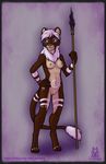  2016 anthro blue_eyes bodypaint brown_fur chest_tuft feline female fur hair lichfang lion mammal melee_weapon nude polearm pussy solo spear tribal tuft weapon white_hair 