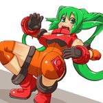  :d black_gloves blush bodysuit gloves green_eyes green_hair long_hair looking_at_viewer open_mouth orange_bodysuit red_footwear red_shirt shiny shiny_skin shirt shoes sleeveless sleeveless_shirt smile solo solty_rei solty_revant squatting twintails vibri white_background 