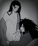  2boys fellatio gradient gradient_background male male_focus monochrome multiple_boys naruto oral penis senju_hashirama uchiha_madara upper_body yaoi 