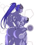  1girl ass back extreme_muscles female huge_ass long_hair long_ponytail muscle overwatch ponytail purple_hair purple_skin solo widowmaker_(overwatch) zetarok 