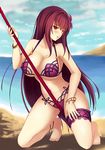  anklet barefoot beach bikini blush breasts day euforia fate/grand_order fate_(series) flower full_body gae_bolg hair_flower hair_ornament hibiscus huge_breasts jewelry kneeling long_hair looking_at_viewer ocean open_mouth polearm purple_hair red_eyes scathach_(fate)_(all) scathach_(swimsuit_assassin)_(fate) solo spear swimsuit weapon 
