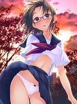  ass_visible_through_thighs black_panties blouse blue_skirt blush bow bow_panties bra bra_peek cloud contrapposto cowboy_shot eyebrows eyebrows_visible_through_hair glasses highres midriff miniskirt neckerchief original outdoors panties pantyshot pantyshot_(standing) pleated_skirt red-framed_eyewear school_uniform serafuku shirt_lift short_sleeves skirt skirt_lift sky solo standing stomach surprised tree twilight underwear upshirt white_blouse white_bra white_panties wind wind_lift yuuki_keisuke 