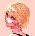  1boy bandaid bandaid_on_face bangs blonde_hair close-up closed_mouth eyebrows eyebrows_visible_through_hair eyelashes face hunter_x_hunter kurapika looking_at_viewer looking_back looking_to_the_side male_focus pink_background portrait simple_background sketch solo tank_top 