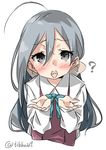  ? ahoge bangs blue_bow blue_neckwear blush bow bowtie collared_shirt cupping_hands ebifurya eyebrows eyebrows_visible_through_hair grey_eyes grey_hair hair_between_eyes hair_ribbon highres kantai_collection kiyoshimo_(kantai_collection) long_hair long_sleeves looking_at_viewer open_mouth ribbon shirt simple_background sleeveless solo tongue tongue_out twitter_username upper_body white_background white_ribbon white_shirt 