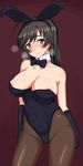  animal_ears areola_slip areolae black_eyes black_gloves black_hair black_leotard bow bowtie breasts breath brown_legwear bunny_ears bunnysuit cameltoe covered_nipples detached_collar fake_animal_ears girls_und_panzer gloves highres isuzu_hana k-dam leotard long_hair pantyhose pubic_hair pubic_hair_peek solo standing 