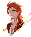  1boy 3four ahoge collared_shirt commentary copyright_request fire jacket looking_at_viewer male_focus popped_collar portrait red_eyes red_hair shirt simple_background smile solo symbol_commentary white_background white_shirt wing_collar 