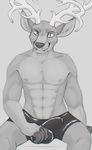  2016 abs antlers black_and_white bulge cervine clothed clothing deer grin horn horny looking_at_viewer male mammal monochrome rubber seductive simple_background sitting solo topless whatarefurries 