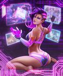  adapted_costume ahri ass asymmetrical_hair black_hair bra breasts dark_skin elbow_gloves eyeshadow gloves large_breasts league_of_legends long_hair makeup mole mole_under_eye multicolored_hair number olga_narhova overwatch panties purple_eyes purple_hair screen sitting solo sombra_(overwatch) two-tone_hair underwear wariza watermark web_address 