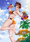  ass barefoot beach bikini breasts brown_hair orange_bikini overwatch sky smile soles swimsuit toes tracer_(overwatch) watergun 