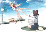  animal_ears balancing bare_legs barefoot blonde_hair blue_eyes blue_sky brown_hair cloud cloudy_sky condensation_trail day dog_ears dog_tail drawing electric_fan fan foot_hold fox_ears fox_tail full_body indian_style legs_up long_hair lying multiple_girls no_pants on_back open_mouth original outstretched_arms pencil shirt short_hair sitting sketchbook skirt sky spread_arms suspender_skirt suspenders t-shirt tail tail_through_clothes trembling u_(mikaduki0720) white_shirt 