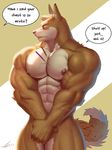  ! ... 2016 5_fingers ? abs anthro biceps big_muscles blush brown_fur brown_nipples brown_nose brown_tail canine countershading covering covering_crotch covering_self dialogue digital_media_(artwork) embarrassed english_text fluffy fluffy_tail food front_view fur inner_ear_fluff male mammal multicolored_fur muscular muscular_male nipples nude pecs pocky portrait raccoon21 signature simple_background solo speech_bubble standing text three-quarter_portrait two_tone_fur two_tone_tail unseen_character vein white_countershading white_fur white_tail wolf 