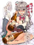  areola_slip areolae barefoot blush boots bottle bow bowtie breasts brown_eyes commentary_request drunk feet grey_footwear grey_hair hat hidebuu highres kantai_collection knee_boots large_breasts long_hair looking_at_viewer mini_hat open_mouth partially_translated pola_(kantai_collection) single_boot solo translation_request wavy_hair 