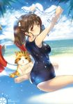  absurdres animal armpits arms_up artist_name ass bangs barefoot beach blue_swimsuit blush breasts brown_eyes brown_hair cat closed_mouth cloud cloudy_sky day feet from_side hair_ornament high_school_fleet highres holding_shirt innertube isoroku_(haifuri) light_particles light_smile looking_at_viewer looking_back medium_breasts min-naraken number ocean on_ground one-piece_swimsuit outdoors page_number palm_tree scan school_swimsuit school_uniform serafuku shade ship's_wheel shiretoko_rin shirt shirt_removed short_sleeves short_twintails sitting sky smile soles solo spread_legs swimsuit transparent tree twintails wariza water white_shirt 
