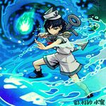  anchor anchor_symbol aqua_eyes black_footwear black_hair chain fire green_fire hat hishaku ladle looking_at_viewer lowres meimaru_inuchiyo murasa_minamitsu outstretched_arm sailor sailor_hat shirt shoes short_hair short_sleeves shorts smile solo touhou water white_hat white_legwear white_shirt white_shorts 