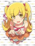  bad_id bad_twitter_id bakemonogatari blonde_hair blush_stickers collarbone dress eyebrows eyebrows_visible_through_hair fang fangs food from_above jpeg_artifacts long_hair looking_at_viewer looking_up monogatari_(series) ogipote open_mouth oshino_shinobu pointy_ears solo white_dress yellow_eyes 