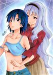  alternate_hair_length alternate_hairstyle blue_hair breast_grab breasts brown_eyes denim from_behind ginnoturu grabbing hairband hickey idolmaster idolmaster_(classic) jeans kisaragi_chihaya long_hair multiple_girls navel pants red_eyes shijou_takane shirt_lift short_hair silver_hair small_breasts traditional_media yuri 