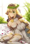  ahoge bad_id bad_pixiv_id belt blonde_hair breasts chain cleavage closed_mouth detached_collar detached_sleeves fate/extra fate/extra_ccc fate/grand_order fate_(series) full-length_zipper green_eyes large_breasts leotard lock looking_at_viewer loose_belt nero_claudius_(bride)_(fate) nero_claudius_(fate)_(all) oranggila12 padlock petals puffy_detached_sleeves puffy_sleeves sidelocks sitting sleeves_past_wrists smile solo strapless strapless_leotard thighhighs veil white_legwear white_leotard white_sleeves wide_sleeves wreath yokozuwari zipper zipper_pull_tab 