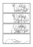  4koma bangs bangs_pinned_back bare_shoulders blush cardigan comic flip_flappers from_side greyscale hair_down hair_ornament hair_ribbon hairclip holding_hands implied_kiss interlocked_fingers kazami_ruku kokomine_cocona monochrome multiple_girls ribbon school_uniform serafuku short_hair swept_bangs upper_body yayaka yuri 