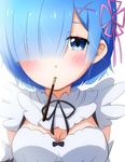  blue_hair food hair_ornament hair_over_one_eye incoming_pocky_kiss maid mojinko pink_ribbon pocky pocky_day pocky_kiss purple_ribbon re:zero_kara_hajimeru_isekai_seikatsu rem_(re:zero) ribbon shared_food solo upper_body x_hair_ornament 