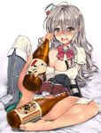  areola_slip areolae barefoot blush boots bottle bow bowtie breasts brown_eyes drunk grey_footwear grey_hair hat hidebuu highres kantai_collection knee_boots large_breasts long_hair looking_at_viewer mini_hat open_mouth pola_(kantai_collection) single_boot solo wavy_hair 