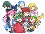  5boys amai-tapioca appmon asuka_torajirou blue_hair bob_cut bow bowtie commentary_request digimon digimon_universe:_appli_monsters dokamon everyone gatchmon glasses goggles goggles_on_head green_hair hackmon hat headphones jacket karan_eri kashiki_ai katsura_rei midriff multicolored_hair multiple_boys multiple_girls musimon navel necktie one_eye_closed oozora_yuujin purple_hair shinkai_haru wato_takeru 