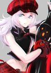  alisa_ilinichina_amiella black_gloves blue_eyes breasts cabbie_hat elbow_gloves fingerless_gloves gloves god_eater god_eater_burst hat large_breasts long_hair looking_at_viewer silver_hair solo suspenders torayama_(mps2nd) 
