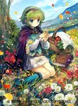  basket belt blue_eyes book boots cape company_connection copyright_name fire_emblem fire_emblem:_rekka_no_ken fire_emblem_cipher flower grass green_hair hairband head_wreath headband kawasumi_mahiro knee_boots nino_(fire_emblem) official_art petals purple_hairband short_hair sitting skirt solo tree 