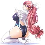  ass black_swimsuit blush breasts clothes_lift competition_swimsuit from_behind glasses head_tilt kneeling large_breasts log-mi_(tonpuu) long_hair one-piece_swimsuit original pink_hair ponytail purple_eyes ribbed_sweater solo sweater sweater_lift swimsuit thighhighs tonpuu white_legwear white_sweater 