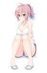  alternate_costume aoba_(kantai_collection) blue_eyes breasts cleavage highres jewelry kantai_collection large_breasts matsunoki_(unknown_751) messy_hair necklace panties panty_peek ponytail purple_hair sandals simple_background sitting solo tank_top underwear white_background 