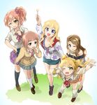  arm_up bangs blonde_hair blue_eyes blunt_bangs bow brown_footwear brown_hair candy clothes_around_waist collarbone commentary_request eyebrows eyebrows_visible_through_hair food gradient gradient_background hair_bow idolmaster idolmaster_cinderella_girls jacket_around_waist jougasaki_mika jougasaki_rika kishibe_ayaka kitami_yuzu lollipop long_hair long_sleeves looking_at_viewer miniskirt multiple_girls off_shoulder one_eye_closed ootsuki_yui open_mouth pleated_skirt ponytail red_blues school_uniform scrunchie shoes short_hair siblings sisters skirt twintails two_side_up v white_legwear wrist_cuffs yellow_eyes 